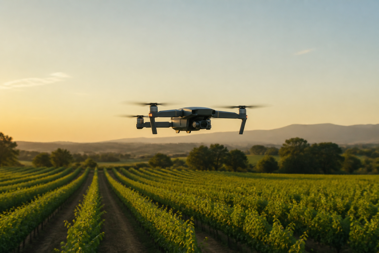 A small drone flying low over farmland at sunset