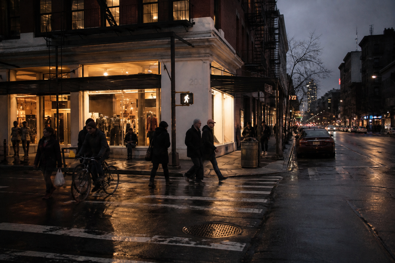 A busy city street at dusk with people, bikes, and cars